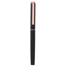 A metal pen in black with rose gold accents, featuring a textured grip and a clip. It has a logo on the body.