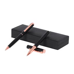 A black metal pen set with rose gold accents in a sleek black gift box.