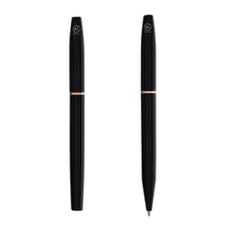 A set of sleek black metal pens with a rose gold accent, featuring a logo on one side.