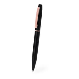 A black metal pen with a pink accent, featuring a sleek design and a clip. Includes branding.