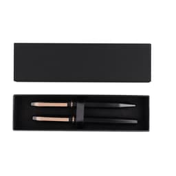 A black gift box containing two metal pens with rose gold accents. The interior is lined in black.