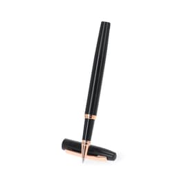 A sleek black metal pen with a rose gold nib and accents, positioned above its cap. It features a logo.