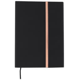 A black notebook with a rose gold accent stripe and a black ribbon bookmark. It features a logo on the cover.