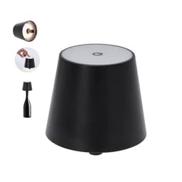 A black lamp with a tapered design and a light-diffusing top, featuring a logo on its surface.
