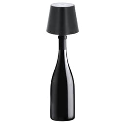 A black lamp designed to resemble a wine bottle, featuring a cone-shaped lampshade on top.