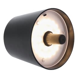 A black and gold lamp with a round design and a warm light source. It features a subtle logo on the side.