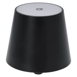 A black lamp with a conical shape and a white top, featuring a logo on the surface.