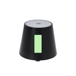 A black lamp with a conical shape and a glowing green rectangular accent. It features a white top and a logo.