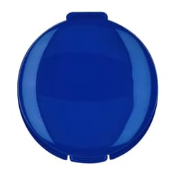 A round, blue lip balm container with a glossy finish and a hinge lid. Features a logo on the top.
