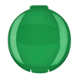 A green lip balm container with a glossy finish. The product features a circular shape and includes a logo.