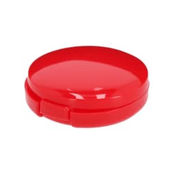A red circular container with a glossy finish, featuring a small hinge for opening. The container has a logo.