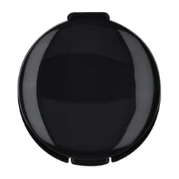 A round, black lip balm container featuring a smooth surface and a subtle texture, with a branding logo.