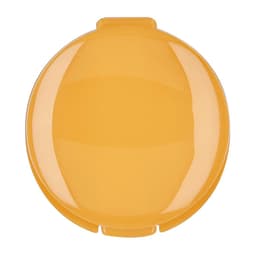 A round, yellow lip balm container with a glossy surface and a hinge lid. Features a logo on the front.