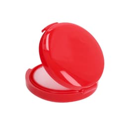 A red lip balm container that is open, revealing a smooth, white balm inside. It has a round shape and a seamless design.