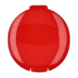 A round, glossy red lip balm container with a hinged lid and a brand logo on the top.