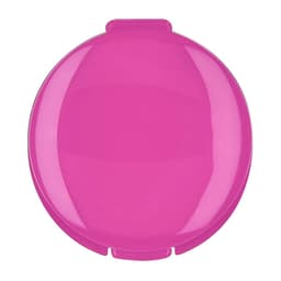 A bright pink lip balm container with a round shape and a lid, featuring a logo.