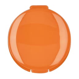 An orange lip balm container with a rounded lid, featuring a logo on the front.