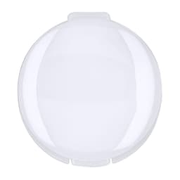 A clear, round lip balm container with a smooth surface and a central opening. It features a simple design and has a logo.