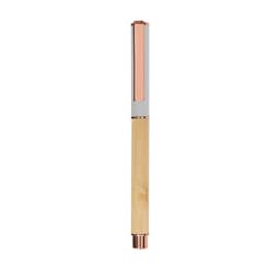 A pen with a bamboo body and rose gold accents, featuring a sleek design and a clip.