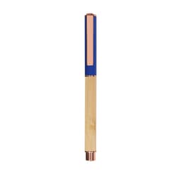 A pen featuring a blue top section, a wooden barrel, and a rose gold clip. It has a sleek design and branding.