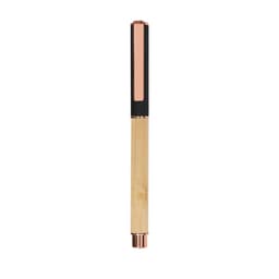 A pen featuring a natural bamboo body, black accents, and rose gold details. It has a clip for easy attachment.