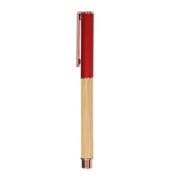 A red and bamboo pen with a glossy finish and a clip attachment, featuring a logo on the barrel.