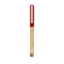 A pen featuring a red top with a rose gold clip and a bamboo barrel. The product has a logo on the body.