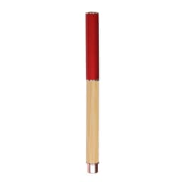A pen with a red cap and a light wooden body, featuring silver accents and branding.