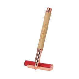 A bamboo and red pen with a rose gold clip and a cap. The pen features a logo on its side.