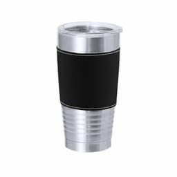 A drink bottle featuring a stainless steel body with a black silicone sleeve and a transparent lid. It also has a logo.