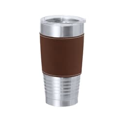 A travel mug featuring a stainless steel body with a brown leather-like sleeve and a clear lid.