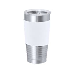 A travel mug with a stainless steel base and a white plastic sleeve. It has a clear lid and branding.