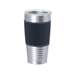 A drink bottle with a sleek stainless steel body and a navy blue silicone sleeve, featuring a spill-proof lid.