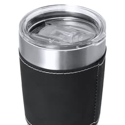 An insulated travel mug with a stainless steel base and a black leatherette sleeve, featuring a clear lid.