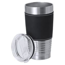 A stainless steel insulated cup with a black silicone sleeve and a clear plastic lid.