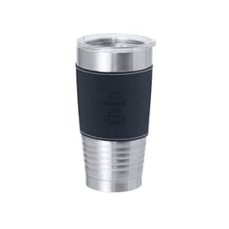 A drink bottle with a stainless steel body and a black silicone sleeve, featuring a clear lid and a logo.