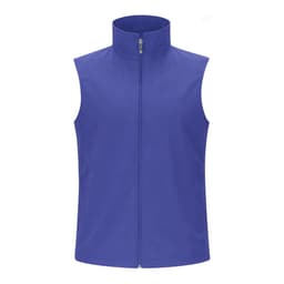 A sleeveless jacket in vibrant royal blue with a high collar and front zipper. It features a logo on the side.