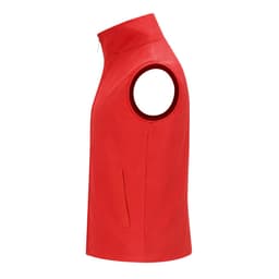 A sleeveless, red vest with a high collar and side pockets, featuring a logo.