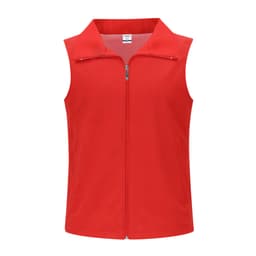 A red sleeveless jacket with a zippered front and a collar, featuring a small logo.