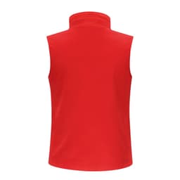 A sleeveless red vest with a high collar, featuring a logo on the back.
