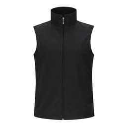 A black vest with a high collar and a front zip, featuring a branding logo.
