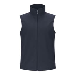 A navy sleeveless jacket with a high collar and front zip, featuring a small logo.