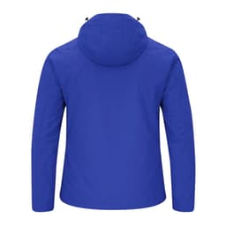 A blue rain jacket featuring a hood and a logo on the back.