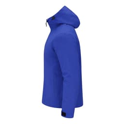 A blue rain jacket featuring a hood and a simple design, with a branding logo on the front.