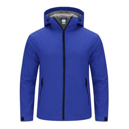 A blue rain jacket featuring a hood, front zip, and side pockets. It has a simple design and includes branding.
