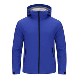 A blue rain jacket featuring a hood, front zip, and black accents. It includes side pockets and has a logo.