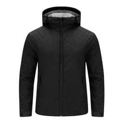 A black rain jacket featuring a hood, front zipper, and side pockets. The interior is grey and it has a logo.