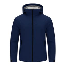 A navy rain jacket featuring a hood, front zip, and side pockets, with a lined interior and branding.