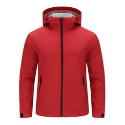 A red rain jacket with a hood, featuring zippered front and side pockets, and a logo on the fabric.