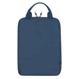 A tablet cover in deep navy blue with a zip closure and two handles. Features a branding logo.